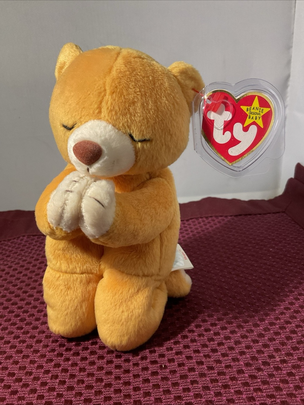 Ty   Hope with error Orange Kneeling Praying Bear Plush with Cream Accents